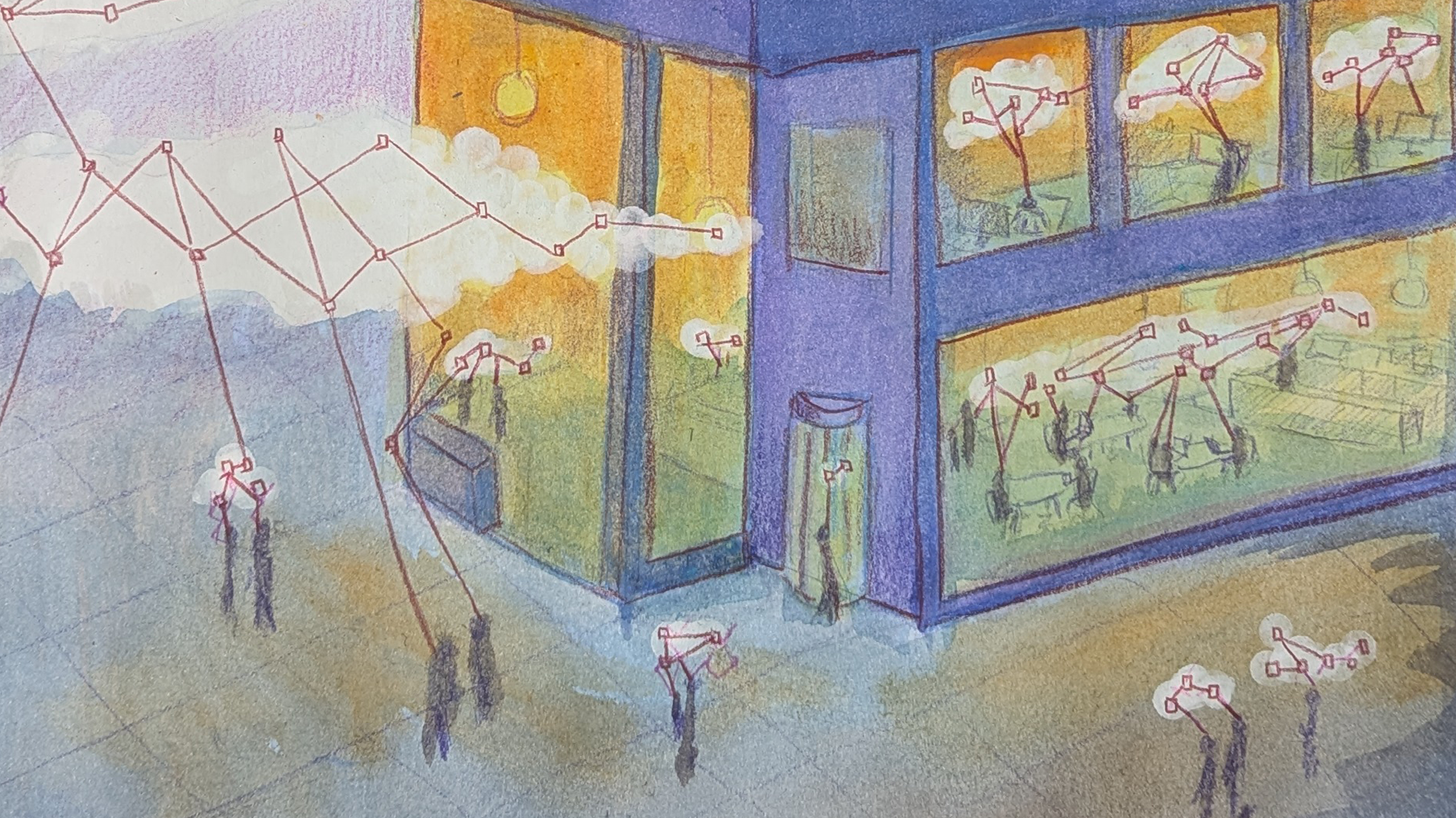 The exterior of an impression of a building. People and figures can be seen inside and outside of the building. There are clouds of network connections all around the building and inside.